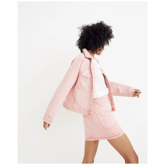 Madewell Raglan Oversized Jean Jacket Pink Collared Button-Up Long Sleeve Sz S - Picture 2 of 8